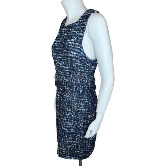 Julie Brown NYC Sleeveless Dress Lori Blue Oxford Tweed Fringe Metallic Size 8 - Picture 3 of 14